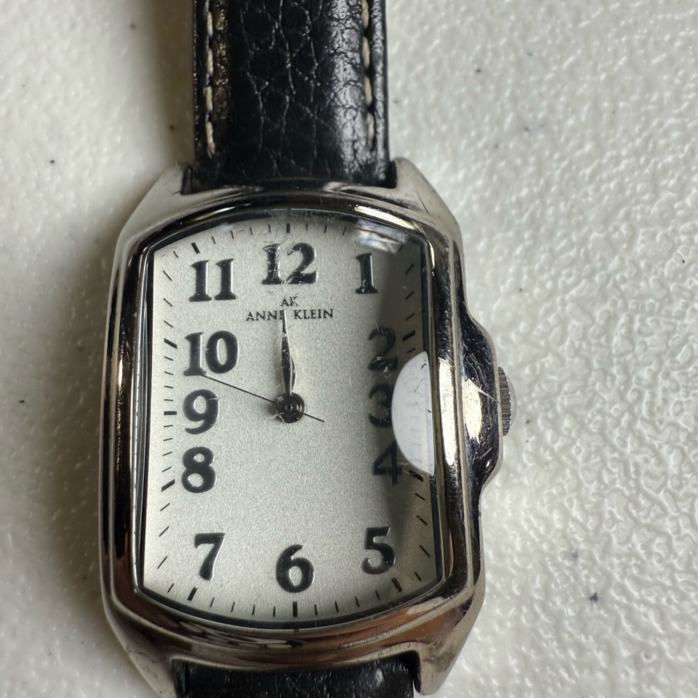 VTG Dome Crystal Women's Anne Klein Watch Silver Tone Black Leather Artsy Vibe